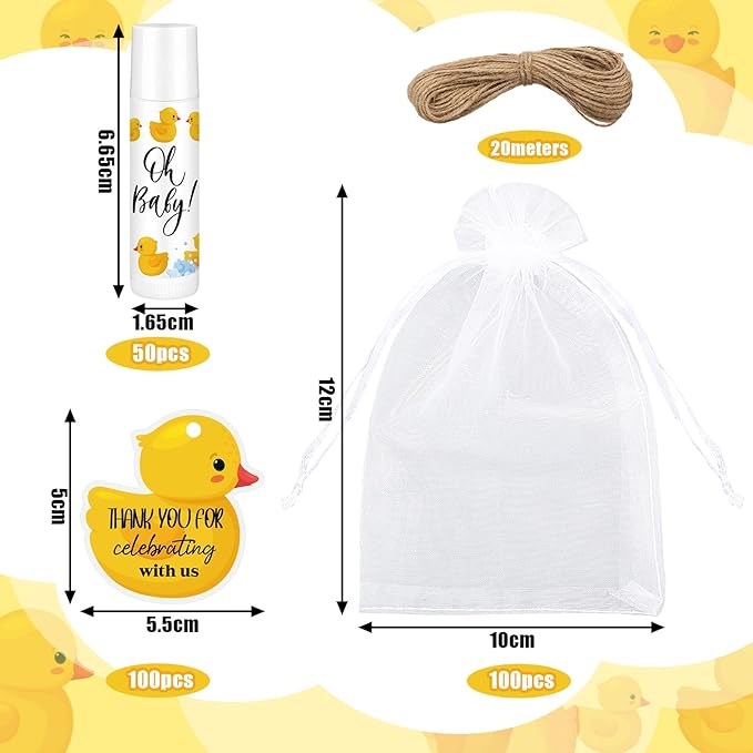 Demissle 50 Pcs Baby Shower Lip Balm Gift Set with 100 Pcs Organza Bags Baby Shower Party Favor for Guest Thank You Tag Rope Baby Shower Party Decoration Gender Reveal Souvenirs (Duck)-Velvo Beauty