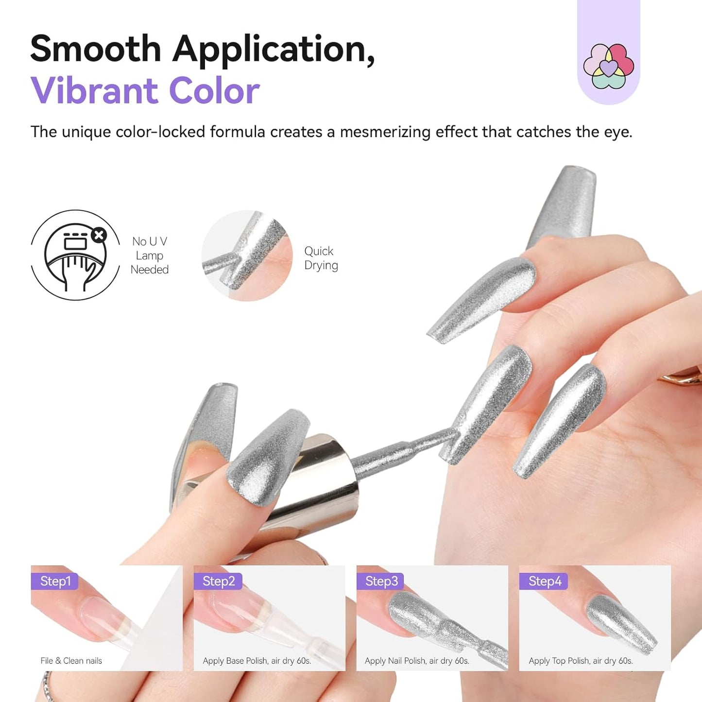 SAVILAND Color Artistry Sparkle Silver Nail Polish - 7 Days Shimmer Glitter Fingernail Polish Non Gel, Air Quick Dry Long Last Shine Diamond Silver Nail Lacquer Toe Nail Art Salon Manicure Home-Velvo Beauty