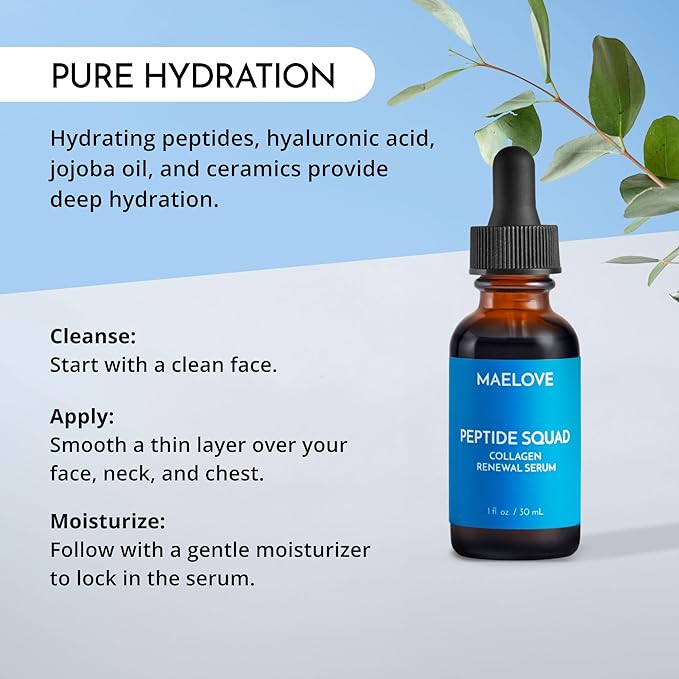 MAELOVE Peptide Squad Collagen Renewal Serum with Copper Peptides, Argireline, Matrixyl 3000 + Hyaluronic Acid and Niacinamide for Wrinkles, Fine Lines, and Skin Elasticity-Velvo Beauty