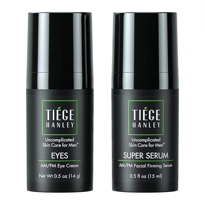 Tiege Hanley Morning and Night Facial Firming Serum (SUPER SERUM) and Eye Cream (EYES) for Men | Anti-Aging Pack | Sodium Hyaluronate and Retinyl Palmitate for Tighter, Smoother Skin | Caffeine to Fight Dark Circles | 0.5 ounces each-Velvo Beauty