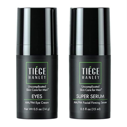 Tiege Hanley Morning and Night Facial Firming Serum (SUPER SERUM) and Eye Cream (EYES) for Men | Anti-Aging Pack | Sodium Hyaluronate and Retinyl Palmitate for Tighter, Smoother Skin | Caffeine to Fight Dark Circles | 0.5 ounces each-Velvo Beauty