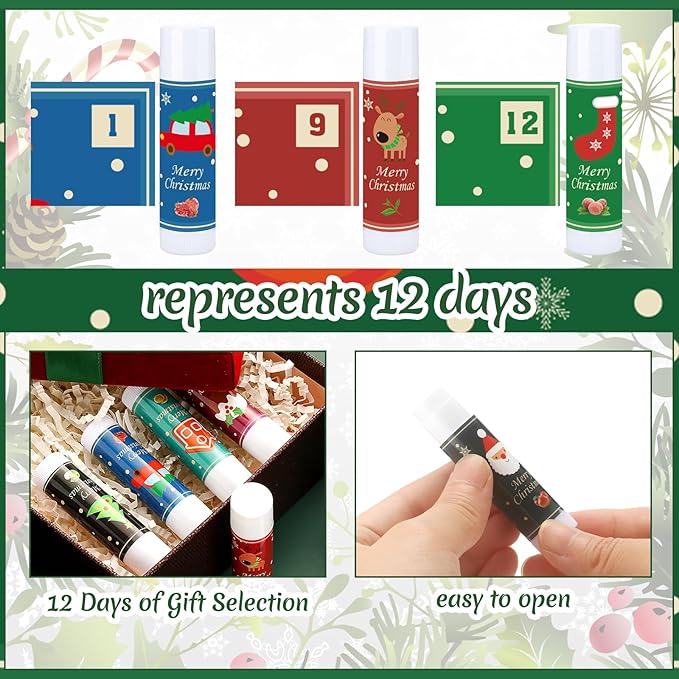 48 Pcs Christmas 12 Days Holiday Lip Balm Gift Set Lip Care Assorted Flavors Ingredients Lip Balm for Dry Chapped Lip Women Men Children Coworker 12 Assorted Flavors Christmas Party-Velvo Beauty