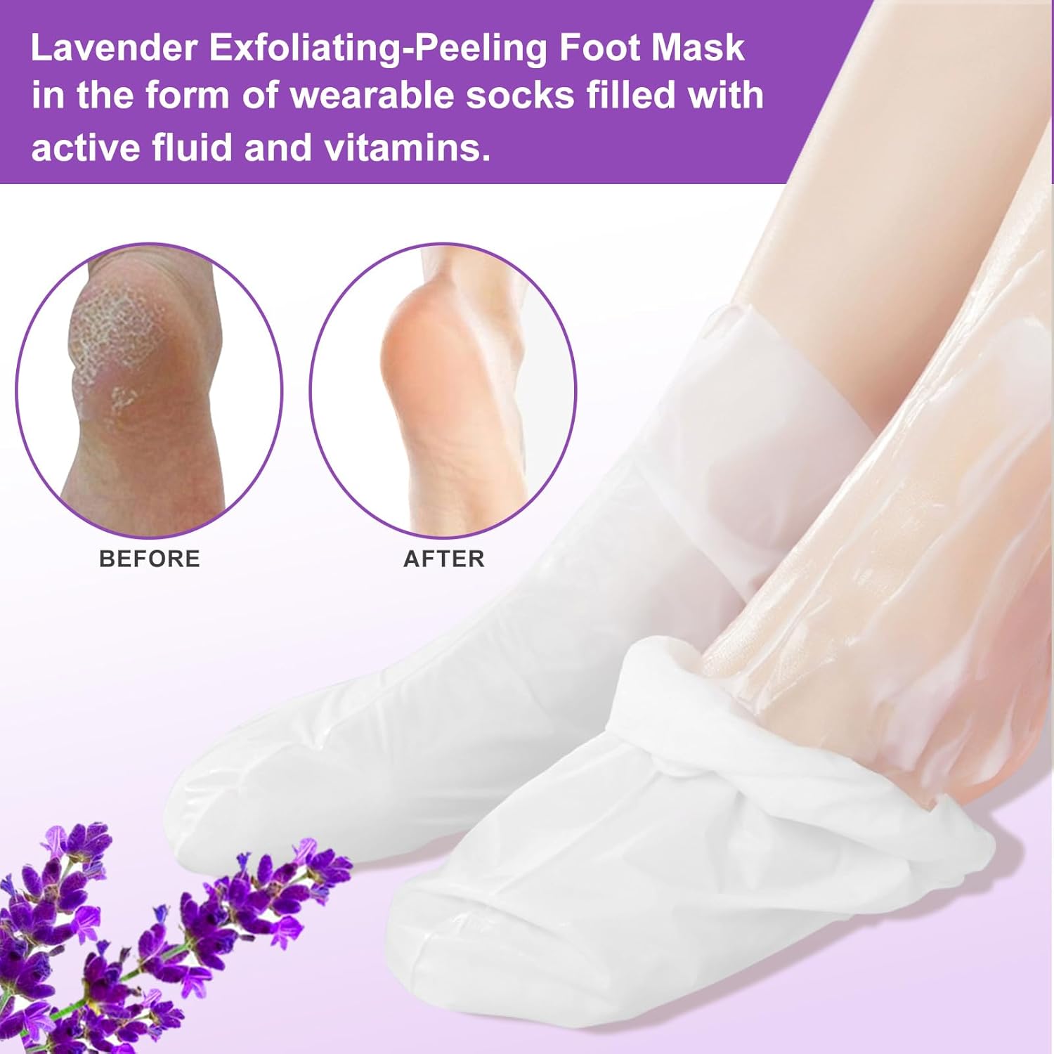 Foot Peeling Mask 5 Pack, Moisturizing Socks for Dry Foot Care, Hydrating Feet Peel Masks Repair Dry Cracked Heels, Remove Dead Skin,Callus - Women Men (Lavender)-Velvo Beauty