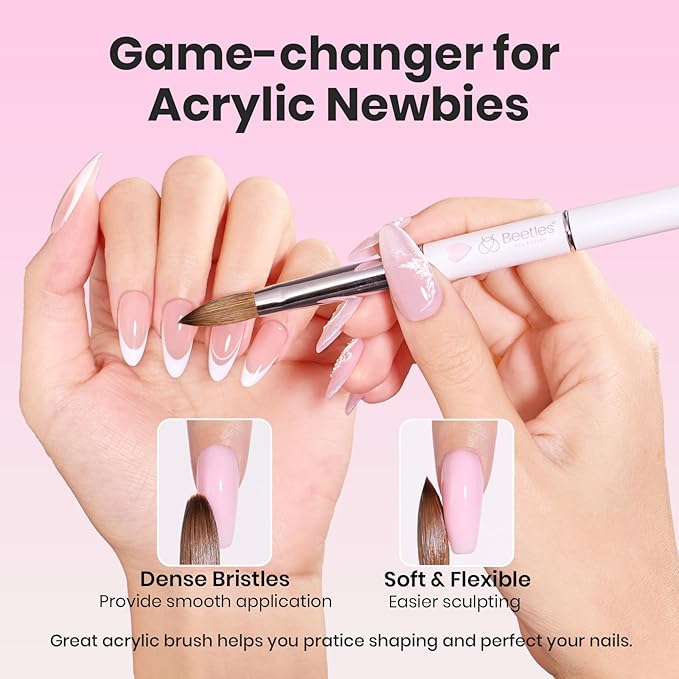 Beetles Acrylic Nail Brush Kolinsky Hair Bristles Round Shaped Metal Handle Nail Art Brushes for Acrylic Powder Manicure Extension DIY at Home Manicure Tool - Size 8-Velvo Beauty