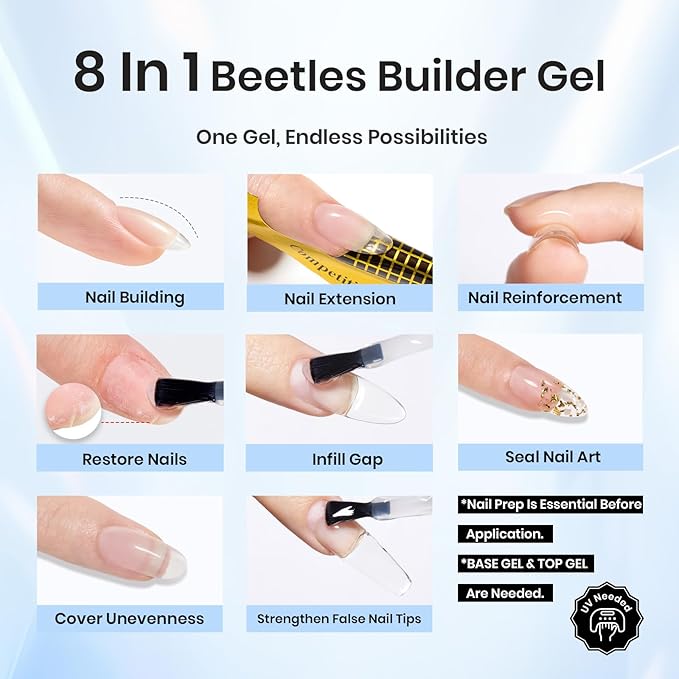 Beetles Builder Gel for Nails 0.51 OZ 8 in 1 Clear Nail Builder Strengthener Gel Enhancement Nail Gel Building Nail Apex for Beginners & DIY Salon Manicure-Velvo Beauty