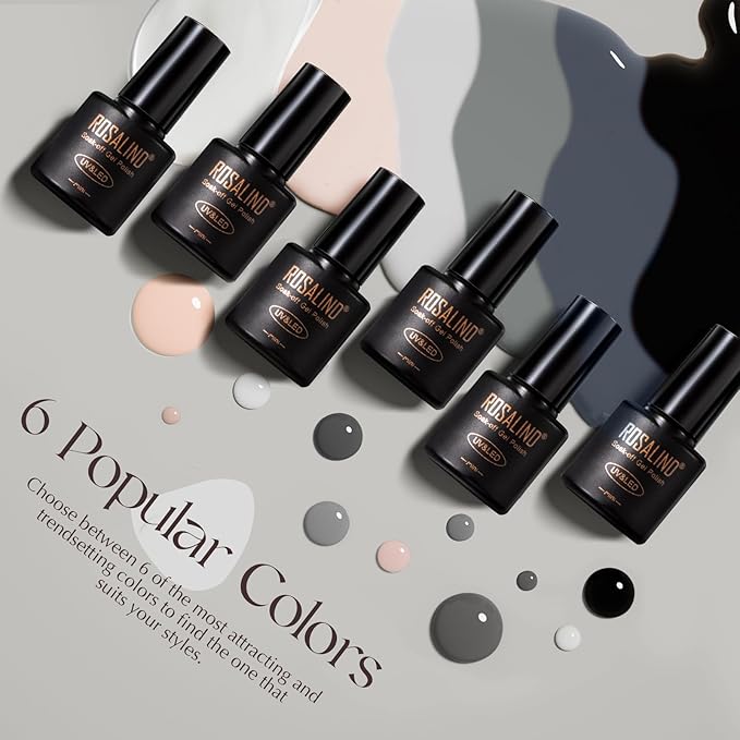ROSALIND White Black Gel Nail Polish Set with Matte and Glitter Top Coat, 6 Colors Black Milky White Neutral Nude Grey Gel Nail Polish Soak Off Gel Nail art-Velvo Beauty
