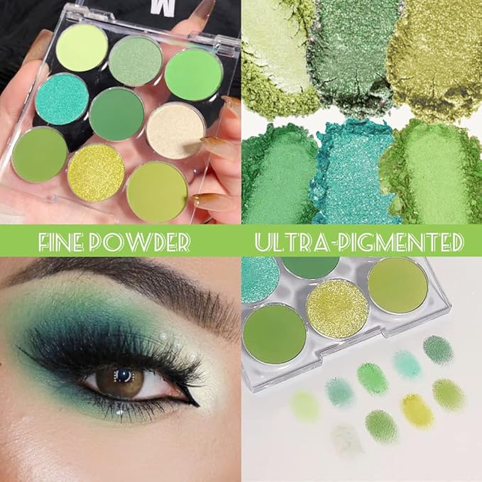 9 Colors Shimmer Matte Green Eyeshadow Palette. Highly Pigmented Light Green Eyeshadow Dark Green Eye shadow Paleta.Blendability Shiny Matte Green Makeup Powder Palet.paleta de sombras de ojos verdes-Velvo Beauty