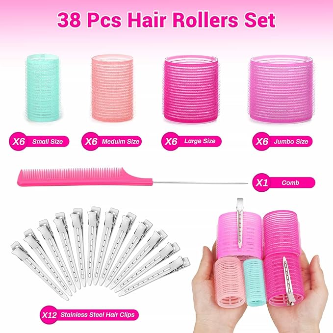 Acejoz Hair Rollers Set for Blowout Look, 38 Pcs Self Grip Hair Rollers with 4 Sizes, 12 Pcs Hair Clips, Comb, Storage Bag for Long, Medium, Short, Thick Hair Volume (Multicolor)-Velvo Beauty