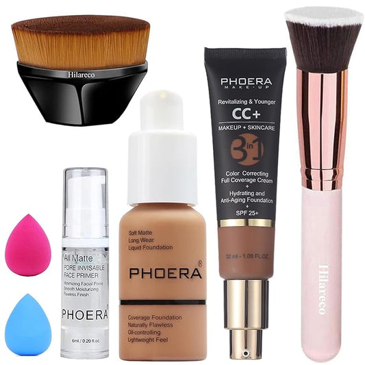 PHOERA Foundation,PHOERA CC+ Cream Color Correcting Anti Aging Hydrating Serum &SPF 25+,PHOERA Primer, PHOERA Makeup Foundation,Kabuki Makeup Brushes Foundation Brush (107 Honey+200 Mocha CC Cream)-Velvo Beauty