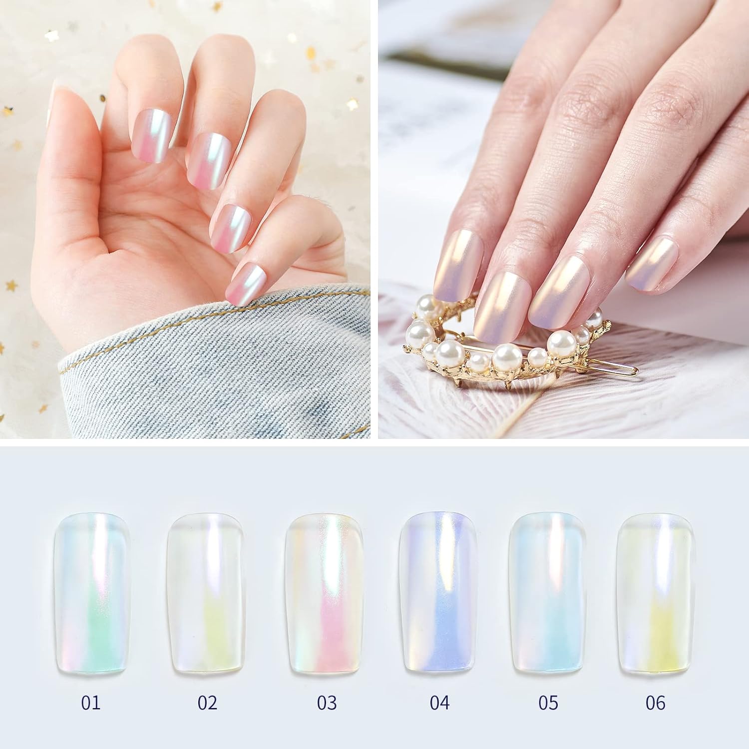 Artdone 6pcs Chrome Nail Powder White Pearl Unicorn Mermaid Aurora Nail Powder,Iridescent Chameleon Effect Nail Color Metallic Mirror Chrome Powder Kit for Nail Art Gel Polish kit-Velvo Beauty