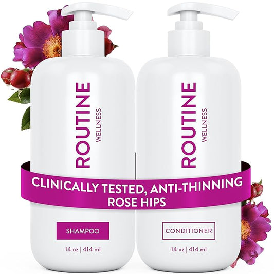 Routine Wellness Anti-Thinning Shampoo and Conditioner Set for Thinning Hair - Biotin DHT Blocker Women & Men - Color Safe Shampoo for Hair Loss & Healthier Hair - Rose Hips (Pack of 2)-Velvo Beauty