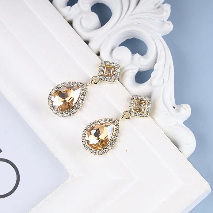 Vintage Crystal Teardrop Earrings Rhinestone Drop Earrings Sparkly Cz Teardrop Dangle Earrings Gold Square Gem Stud Earrings Jewelry for Women-Velvo Beauty