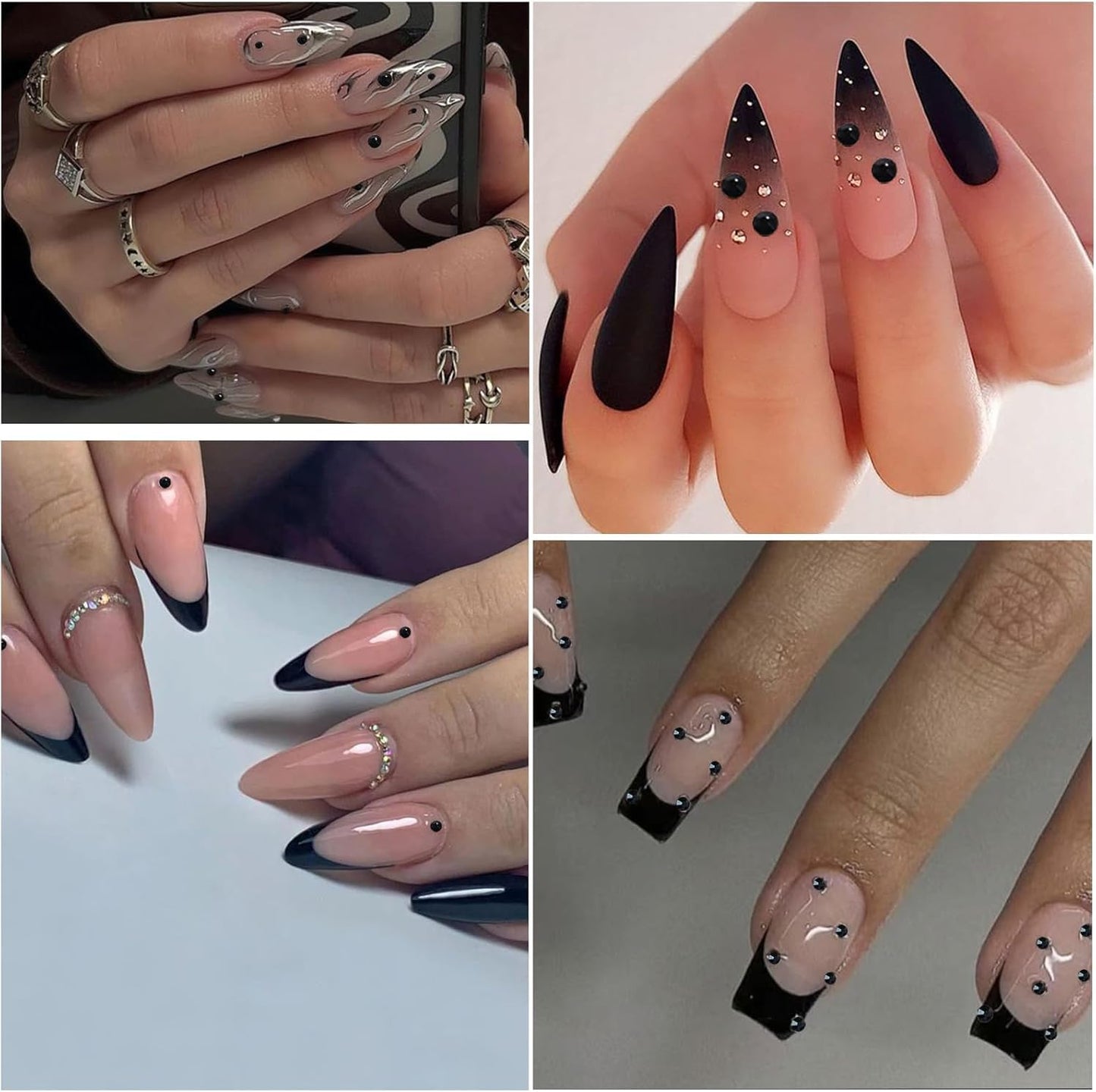 Nail Art Pearls with Rhinestones Glue Gel Flatback Pearls Nail Charms Luxurious Nails Supplies Accessories Gold Silver Gems Jewelry Pearl for Women Nails Design(Black)-Velvo Beauty