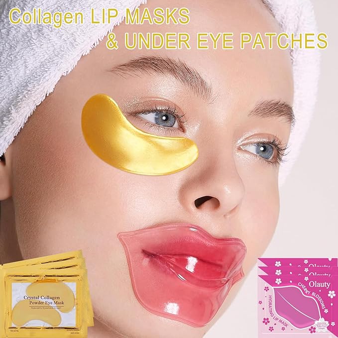 30 Pairs Collagen Lip Masks & Under Eye Mask, Gel Crystal Moisturizing Lip Mask, 24K Gold Under Eye Patches for Puffy Eyes, Dark Circle, Reducing Fine Lines, Effectively Nourishes Lip & Eye Skin Care-Velvo Beauty