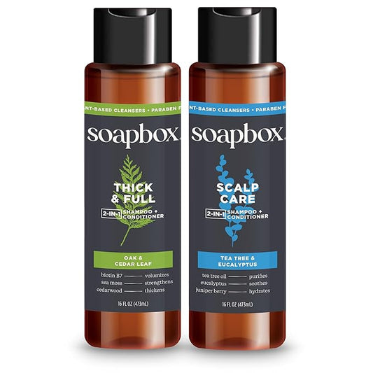 Soapbox Men's Shampoo and Conditioner Variety Duo, One Thick and Full & One Scalp Care, 2 in 1 For Men, Mens Shampoo & Conditioner, 16oz-Velvo Beauty