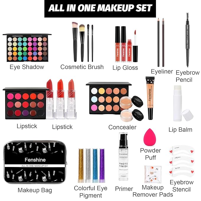 Fenshine All In One Makeup Kit for Women, Full Makeup Gift Set for Beginners, Makeup Essential Starter Bundle Include Eyeshadow Palette Lipstick Eyebrow Pencil Brush Set (Type C)-Velvo Beauty