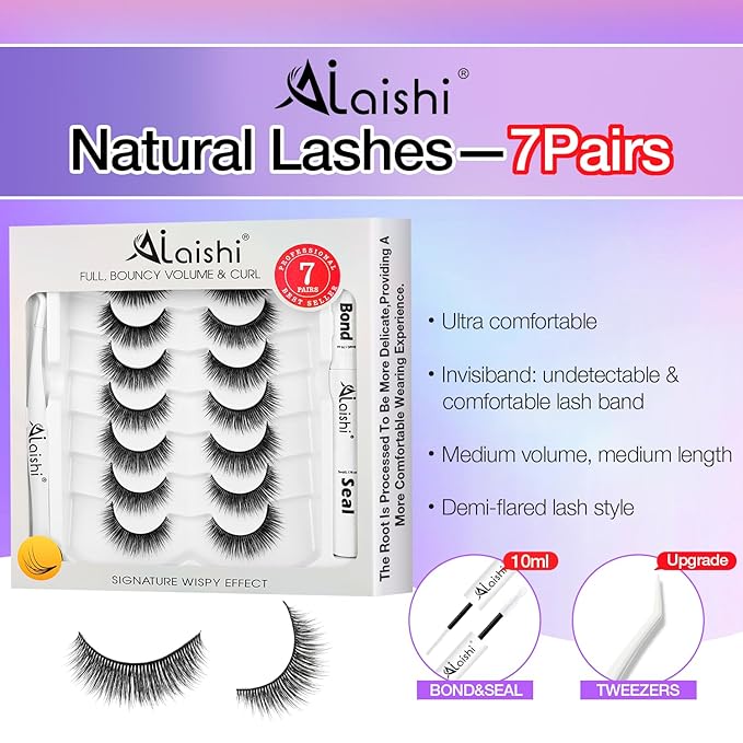 Wispy False Eyelashes Kit With Bond, Seal and Tweezer, 7 Pairs Natural Look Fake Cat Eye Lashes Strips Thin Band Extensions Waterproof Easy Eyelashes for Beginners RQ11-Velvo Beauty