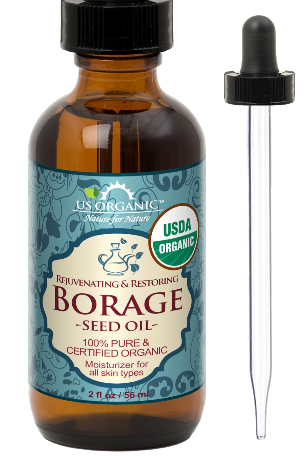 US Organic Borage seed Oil (18% GLA), USDA Certified Organic, 100% Pure & Natural, Cold Pressed, aka Starflower oil, in Amber Glass Bottle w/Eye dropper for Easy Application (2 oz (56 ml))-Velvo Beauty