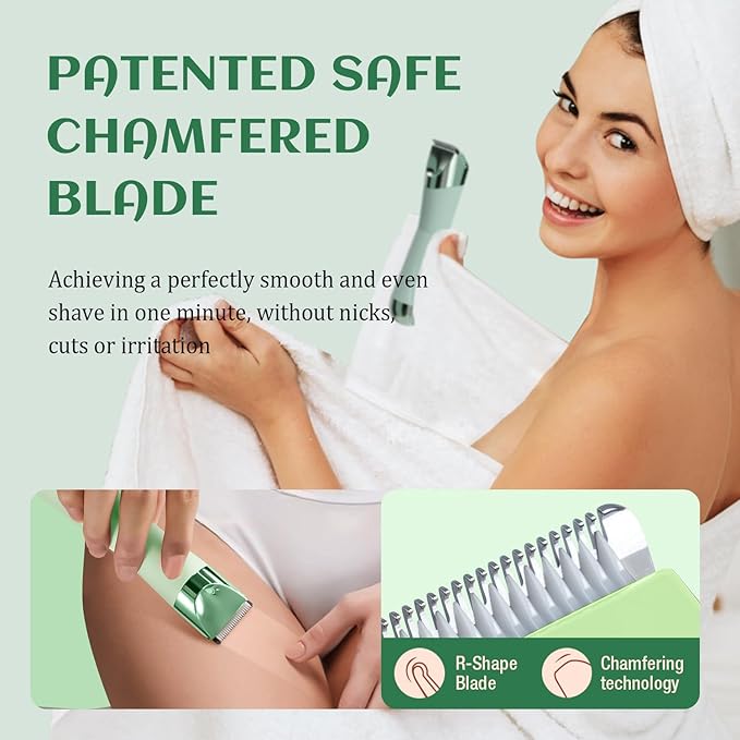 SUPRENT Bikini Trimmer Women - Painless Ladies Hair Removal - Waterproof Wet & Dry - 2 in 1 Lady Shaver for Pubic & Facial Hair - Cordless Electric Razor with USB-C Rechargeable - Green-Velvo Beauty