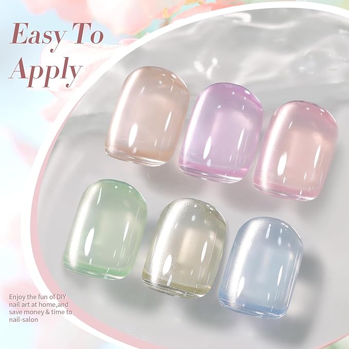 Born Pretty Pastel Magnetic Gel Nail Polish,Water Light Cat Magnetic Eye Gel Jelly Glass Crystal Nail Polish Glitter Shimmer Auroras Magnetic Gel Nail Art Manicure Kit 6PCS-Velvo Beauty