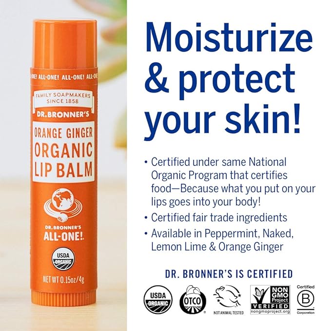 Dr. Bronner's - Organic Lip Balm Variety Peppermint, Orange Ginger, Naked, Lemon Lime) - Made with Organic Beeswax and Avocado Oil, For Dry Lips, Hands, Chin or Cheeks, 0.15 Ounce (Pack of 4)-Velvo Beauty
