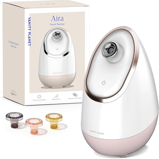 Vanity Planet Aira Ionic Facial Steamer (Rose Gold) - Pore Cleaner That Detoxifies, Cleanses and Moisturizes - Adjustable Nozzle, Water Tank with 3 Essential Oil Baskets-Velvo Beauty