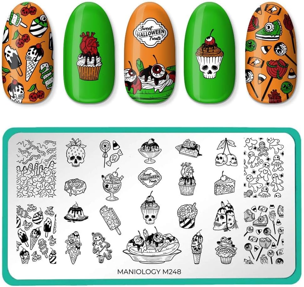 Maniology Creepy Cute Nail Stamping Plate Set, Halloween Plates Bundle (Fright Night (M032), Ghosted (M056), Bad to The Bone (M158), Halloween Treats (M248))-Velvo Beauty