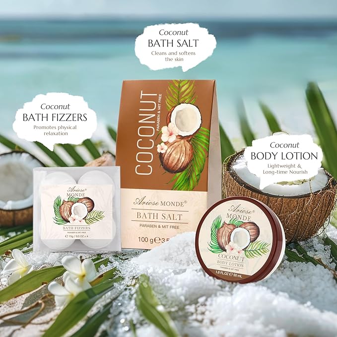 Bath & Shower Spa Basket Gift Set, Coconut Scent, with Shower Gel, Bubble Bath,Body Lotion, Bath Bomb,Bath Salt, Bath and Body Gift Box for Women-Velvo Beauty