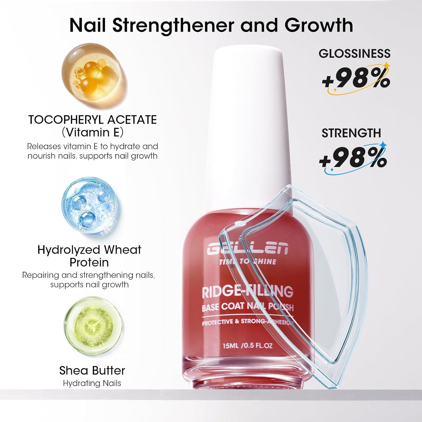 GELLEN Tinted Red Ridge Filler For Nails, Clear Nail Polish Ridge Filling Base Coat, Nail Strengthener and Growth, Hydrates Strengthens Nourishes Damaged Dry Nails, Shea Butter & Vitamin E & Protein-Velvo Beauty