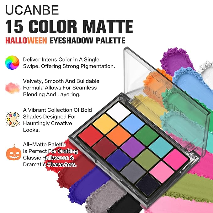 UCANBE Halloween Makeup Palette, 15 Colors Matte Black White Red Blue Green Purple Pink Eye Shadow, High Pigmented Blendable Bright & Dark Shade Pallet for Cosplay SFX Costume Stage Parties-Velvo Beauty