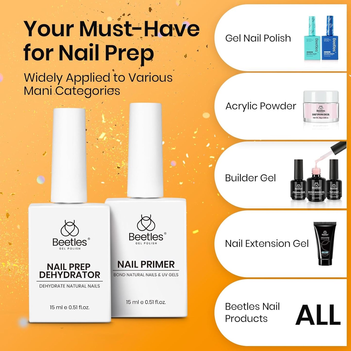 Beetles 4 Pcs 15ml Gel Top Coat and Base Coat Set with Nail Dehydrator and Primer,Professional Nail Prep Acid-Free & Hema-Free Dehydrate Bond Primer Set for Acrylic and Gel Nail Polish-Velvo Beauty