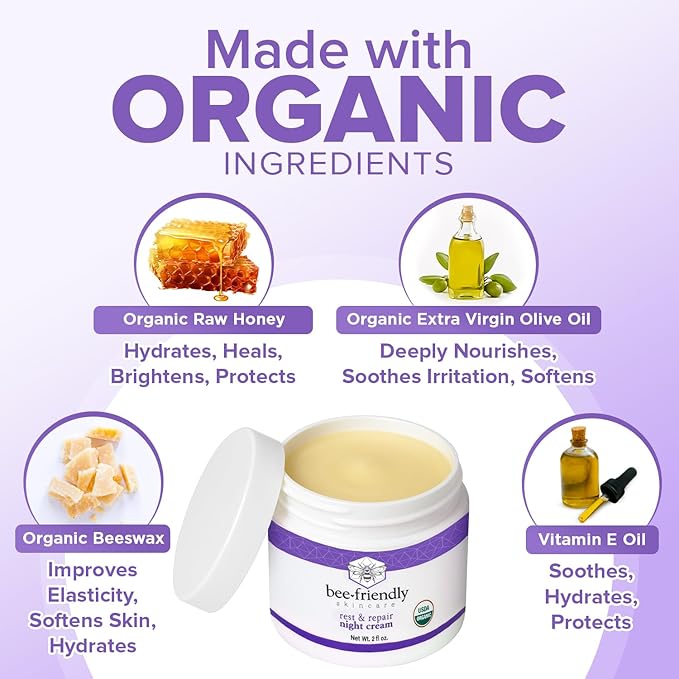 BeeFriendly Organic Night Cream, USDA Certified Organic, Deep Hydrating & Moisturizing Night Time Eye, Face, Neck & Decollete Cream for Women and Men, Anti Aging, Anti Wrinkle 2 oz-Velvo Beauty