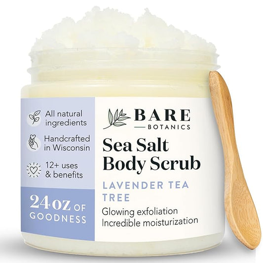 Bare Botanics Lavender Tea Tree Body Scrub 24oz | Made in Madison, WI | All Natural Sea Salt Exfoliator w/ Skin Loving Moisturizers | Vegan & Cruelty Free | Gift Ready Packaging w/ a Cute Wooden Spoon-Velvo Beauty