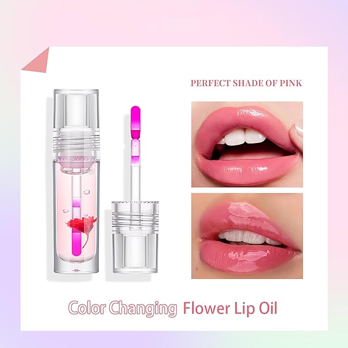 Flower Lip Oil, Hydrating Lip Glow Oil, Plumping Lip Oil, Non-Sticky Long Lasting Lip Oil Gloss, Transparent Lip Oil Tinted, Lip Plumper Gloss, Moisturize your lips and Reduce lip lines (01)-Velvo Beauty