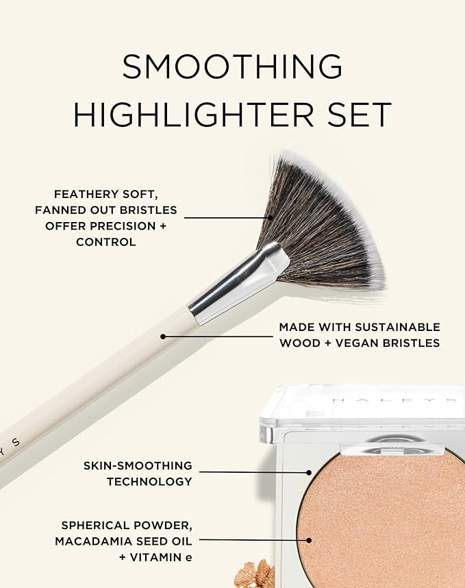 HALEYS Fan Brush VEGAN+CRUELTY-FREE, Sustainable Wood, Vegan Bristles for Airbrushed Finish, For highlighter application, Streak-free, Perfect Blending, Blurs, Smooths with Control-Velvo Beauty