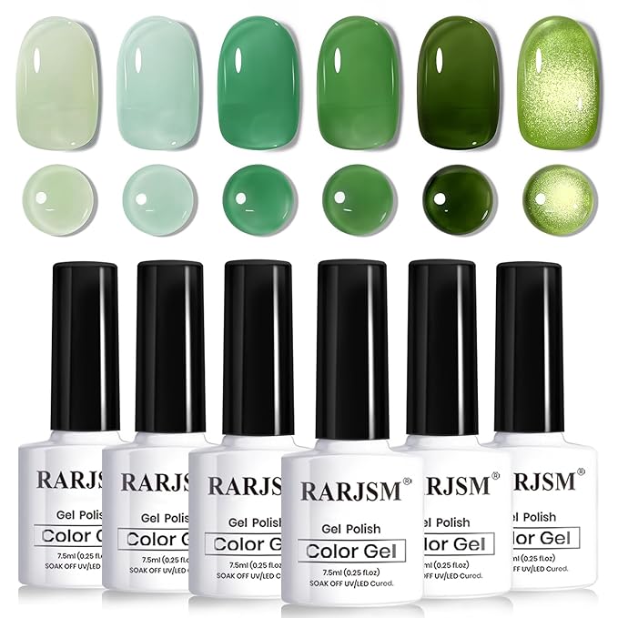 RARJSM Green Jelly Glass Gel Nail Polish Set 6pcs Clear Crytal Army Dark Jade Sage Green Transparent Sheer Amber Series Milky Diamond Cat Eye Gel Varnish LED UV Curing Requires-Velvo Beauty