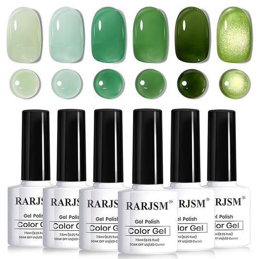 RARJSM Green Jelly Glass Gel Nail Polish Set 6pcs Clear Crytal Army Dark Jade Sage Green Transparent Sheer Amber Series Milky Diamond Cat Eye Gel Varnish LED UV Curing Requires-Velvo Beauty