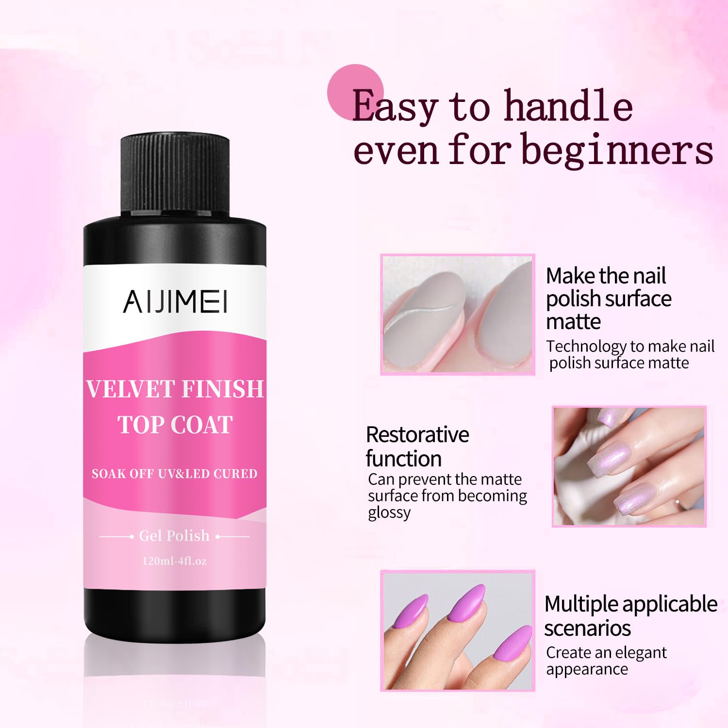 AIJIMEI Velvet Finish Top Coat – Luxurious Matte Effect, Quick Dry, Easy Application, Suitable for All Nail Types, Professional Quality for Home Use 4 Fl Oz-Velvo Beauty