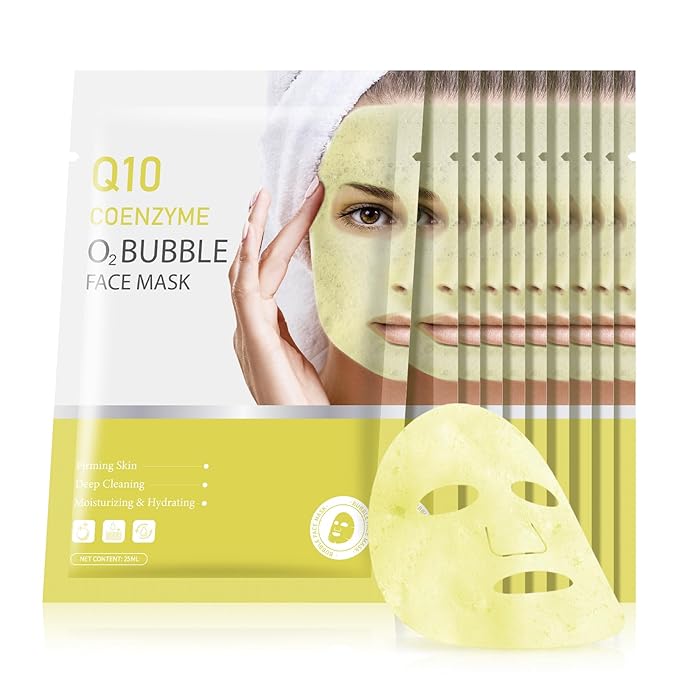 10 Sheets Coenzyme Q10 O2 Bubble Masks for Face, Bubble Face Mask Skincare for All Skin Types, Deep Cleansing Moisturizing Facial Mask Skin Care for Pores, Firming, Purifying, Sheet Masks for Spa-Velvo Beauty