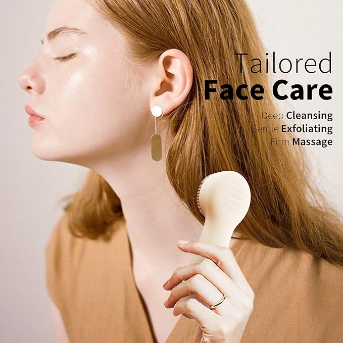 NågraCoola CLIE 2.0 Silicone Face Scrubber, Facial Cleansing Brush, Rechargeable, Waterproof Face Scrub Brush for Deep Cleansing, Exfoliating, Massage, with Eye Roller, for Women and Men - Oat-Velvo Beauty