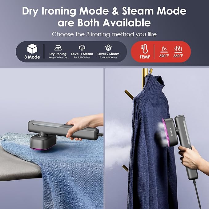 FEPPO Travel Steamer for Clothes, 110-240V Dual Voltage Portable Mini Steamer & Iron 2in1, 1100W Powerful Garment Steamer, Fast Heat Up, Travel Size, HD Display, for Home & Global & Europe Travel-Velvo Beauty