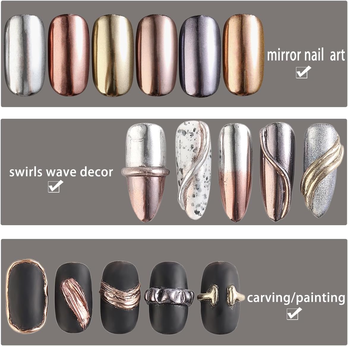 Chrome Nail Powder Set - 6 Colors Rose Gold Bronze Black Chrome Nail Powder, Mirror Effect for Nails, Metallic Rubbing Dust Chameleon Glitter Pigment Flakes, Manicure Salon Supplies-Velvo Beauty