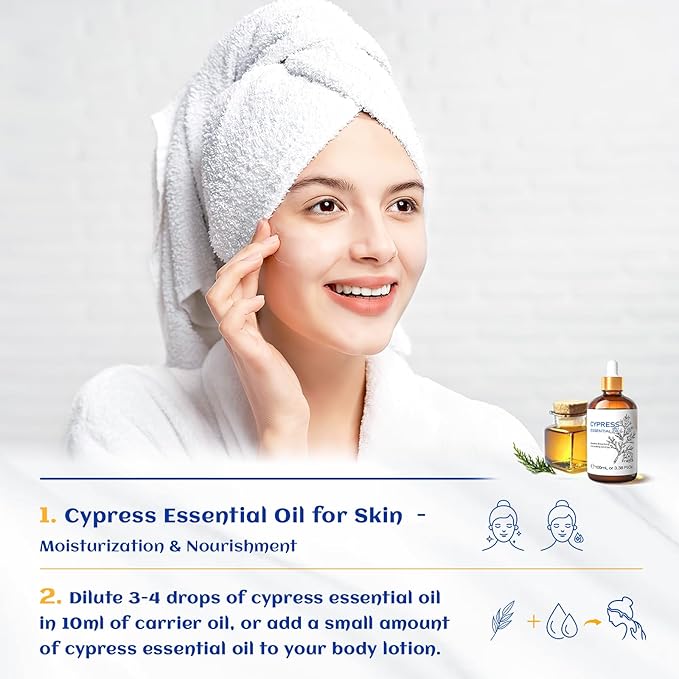HIQILI 100ML Cypress Essential Oil, 100% Natural for Diffuser, Skin Care, Includes 10ML Travel Bottle - 3.38 Fl Oz-Velvo Beauty