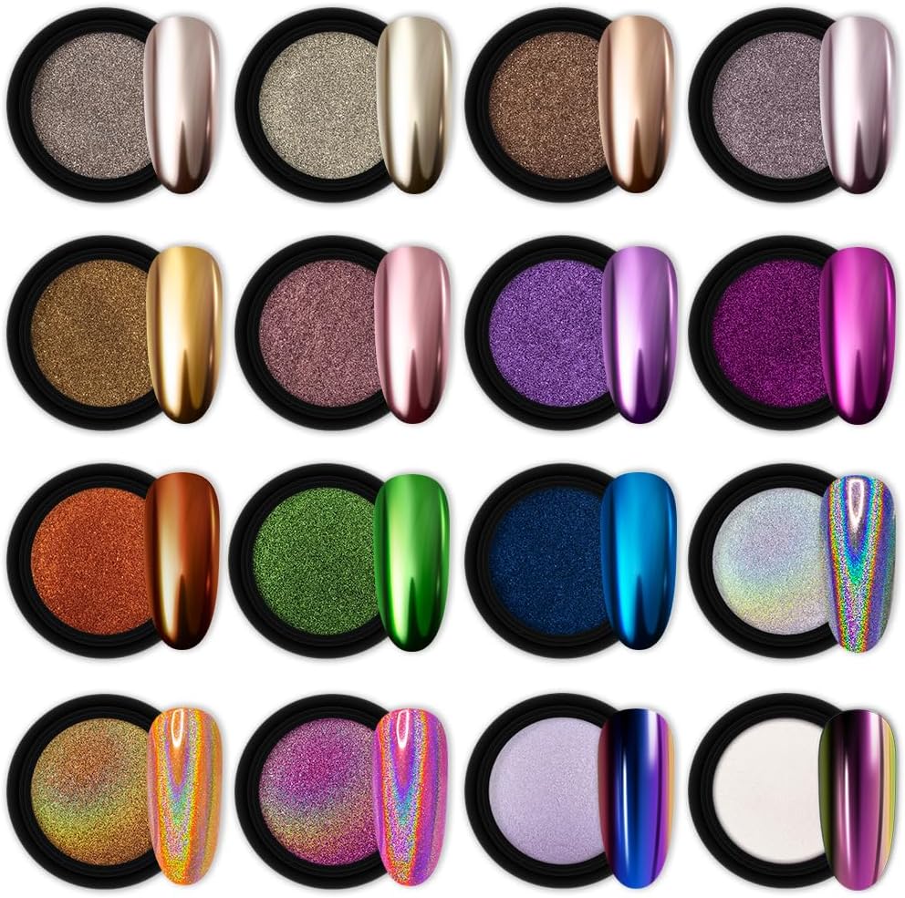 Artdone 16 Jars Chrome Nail Powder Nail Art Fimo Striping Tape Lines Decoration Metallic Mirror Effect Holographic Aurora Chameleon Pigment Powder 1g/Jar Pearl for Resin Craft & Nail Art-Velvo Beauty