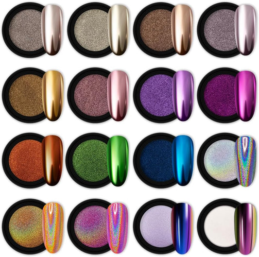 Artdone 16 Jars Chrome Nail Powder Nail Art Fimo Striping Tape Lines Decoration Metallic Mirror Effect Holographic Aurora Chameleon Pigment Powder 1g/Jar Pearl for Resin Craft & Nail Art-Velvo Beauty