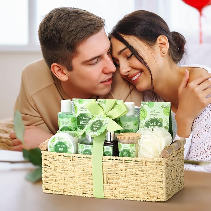 Spa Gift Basket - Tea Tree Bath Set With Shower Gel, Bubble Bath, Hand Cream, Soap, Salt, Essential Oil - Luxury Body Gift Kit for Women-Velvo Beauty