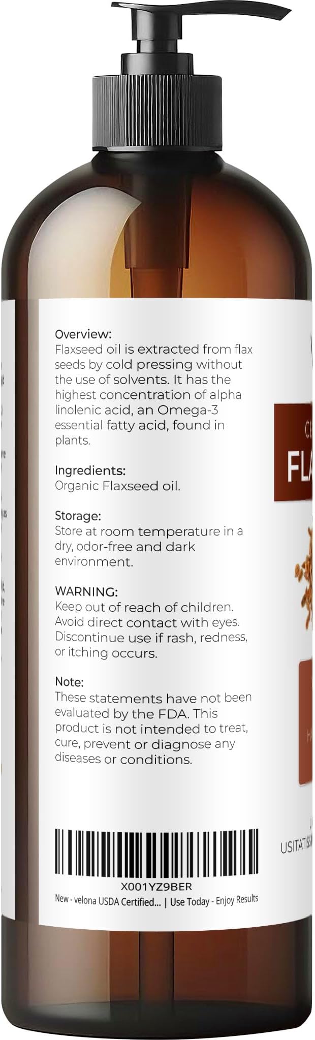 velona USDA Certified Organic Flaxseed Oil - 16 Fl Oz | 100% Pure and Natural Carrier Oil | Unrefined, Cold Pressed |Body, Face & Skin Care | Use Today - Enjoy Results…-Velvo Beauty