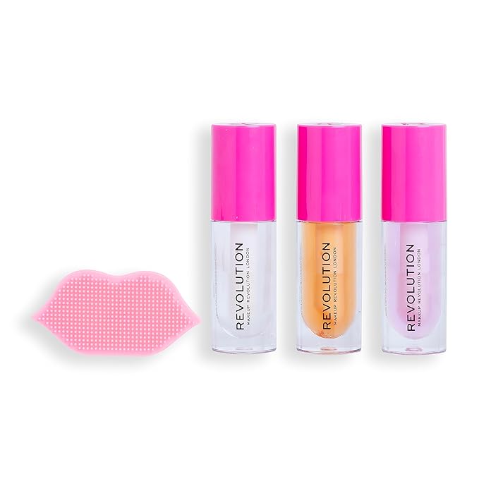 Revolution Kiss & Go Glaze Lip Care Gift Set, Exfoliating Tool & 3 Fruit Flavored Lip Oils Included-Velvo Beauty