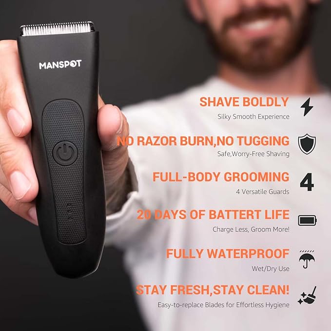MANSPOT Manscape Groin & Body Hair Trimmer for Men, Electric Ball Pubic Trimmer Shaver,Manscape Kit with 4 Guard,Replaceable Ceramic Blade Heads,Waterproof Wet/Dry Shaver,90 Minutes Shaving-Velvo Beauty