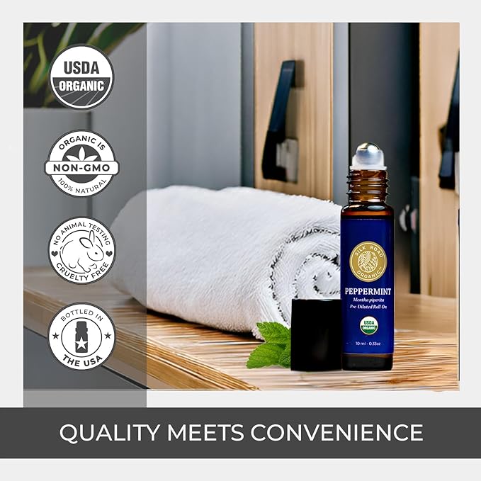 Silk Road Organic Peppermint Essential Oil Roll On, Mentha Piperita, 100% Pure USDA Certified Aromatherapy - Headache, Morning Sickness, Nausea, Energy & Hair - 10 ml Roller-Velvo Beauty